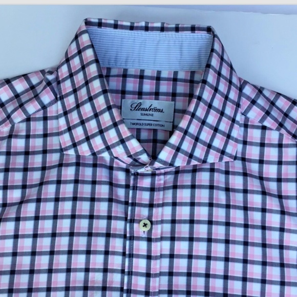 Stenstroms slimline  grey & pink checkered 2 fold cotton dress shirt Sz 16.5/42 - Picture 2 of 11